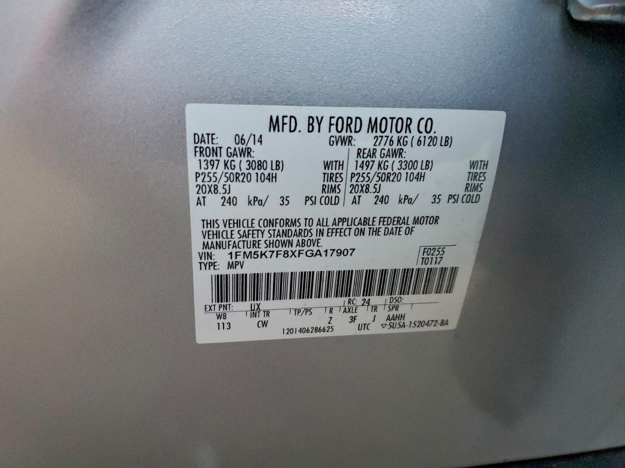 2015 Ford Explorer Limited VIN: 1FM5K7F8XFGA17907 Lot: 94256535