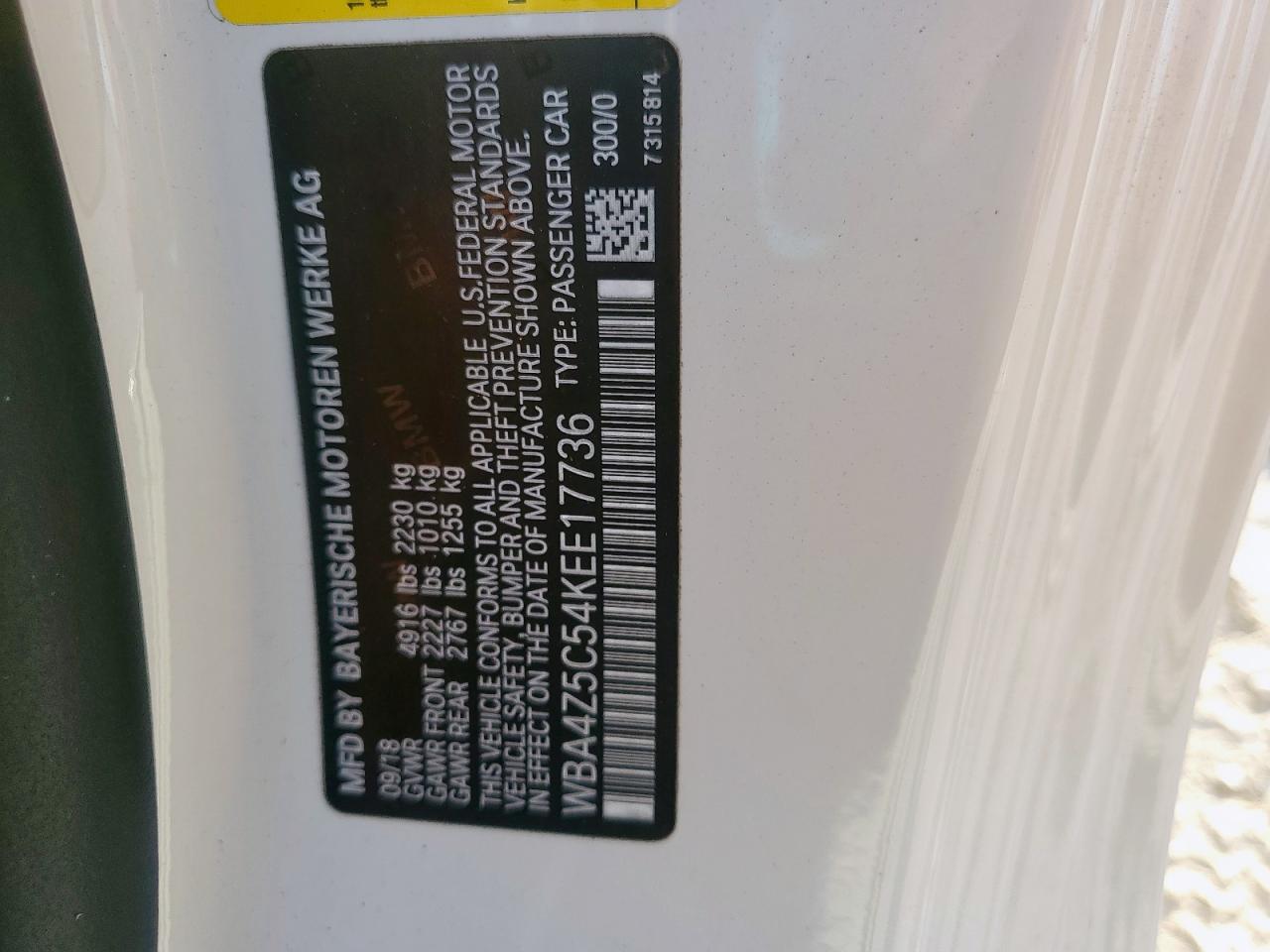 2019 BMW 440I VIN: WBA4Z5C54KEE17736 Lot: 92251485