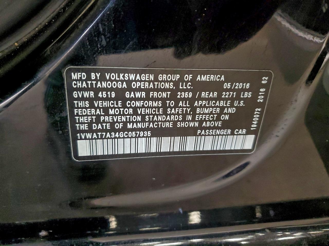 2016 Volkswagen Passat S VIN: 1VWAT7A34GC057935 Lot: 94195205