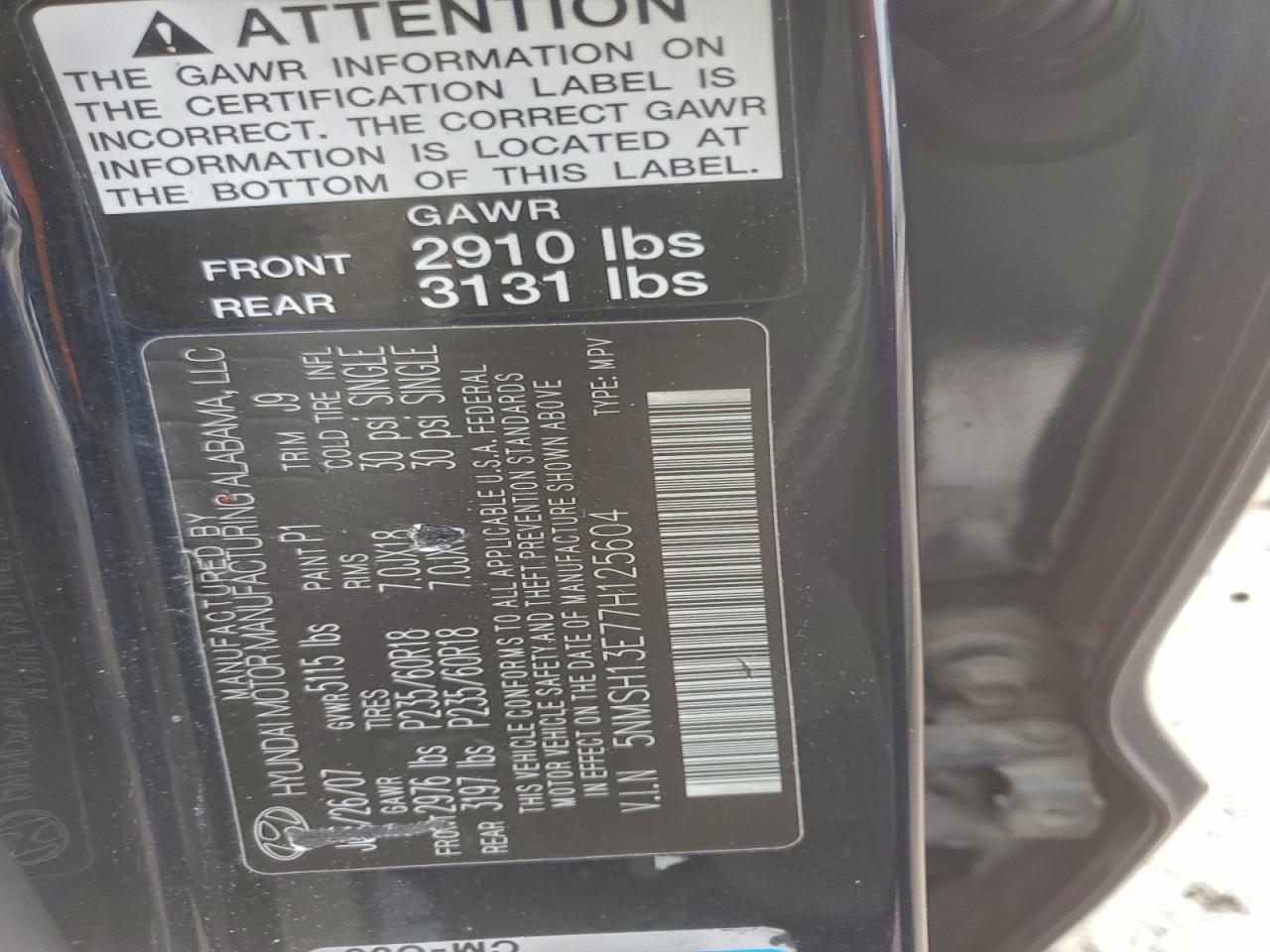 2007 Hyundai Santa Fe Se VIN: 5NMSH13E77H125604 Lot: 94293705