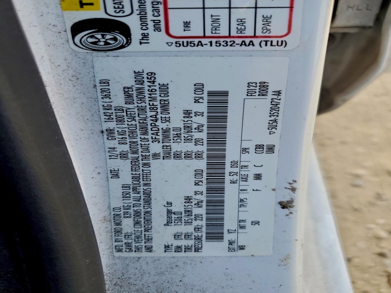 2015 Ford Fiesta S VIN: 3FADP4AJ8FM161459 Lot: 94056265