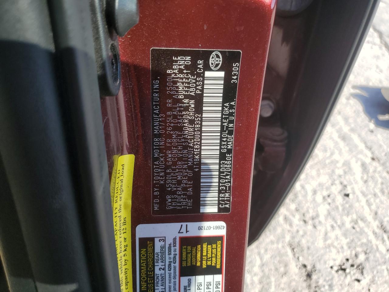 2013 Toyota Avalon Base VIN: 4T1BK1EB2DU018352 Lot: 91704065