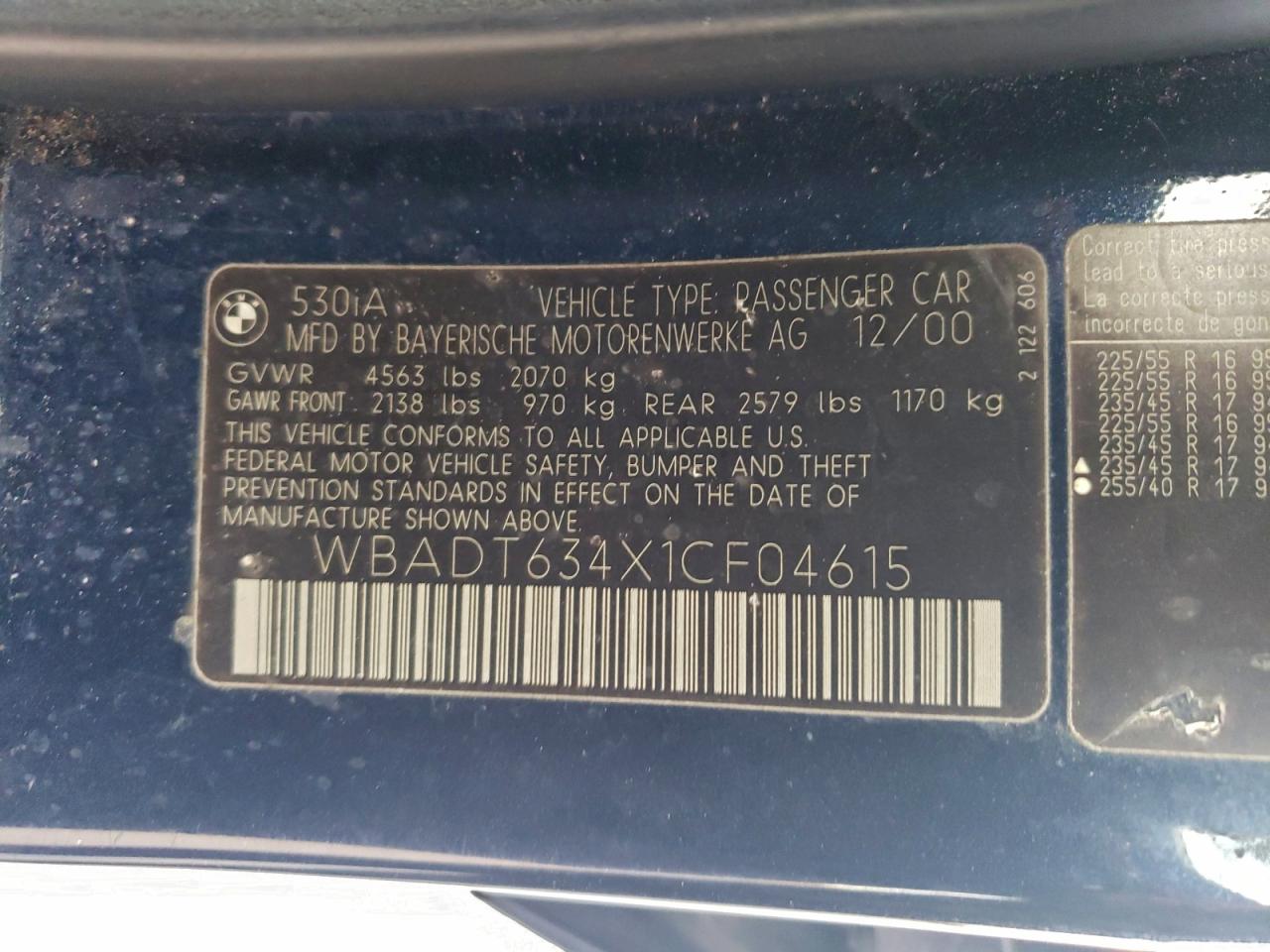 2001 BMW 530 I Automatic VIN: WBADT634X1CF04615 Lot: 94039455