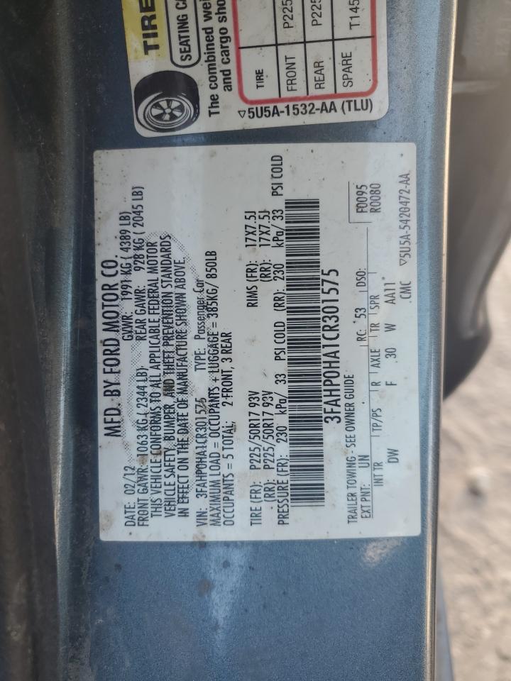 2012 Ford Fusion Se VIN: 3FAHP0HA1CR301575 Lot: 92576675