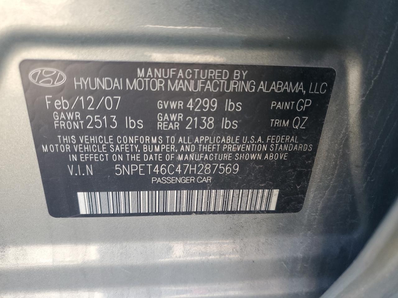 2007 Hyundai Sonata Gls VIN: 5NPET46C47H287569 Lot: 89565505