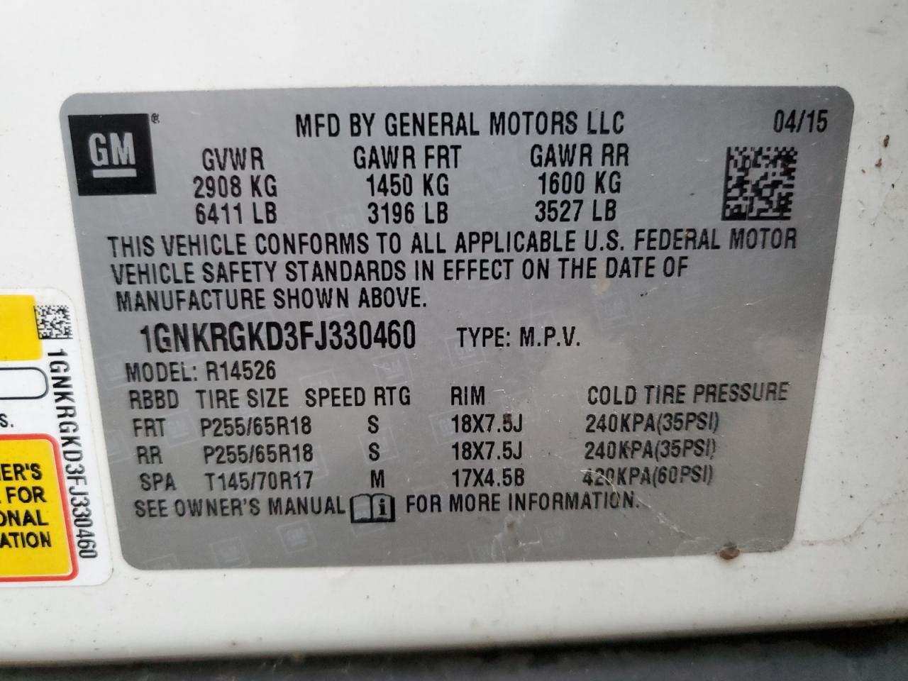 2015 Chevrolet Traverse Lt VIN: 1GNKRGKD3FJ330460 Lot: 89517755