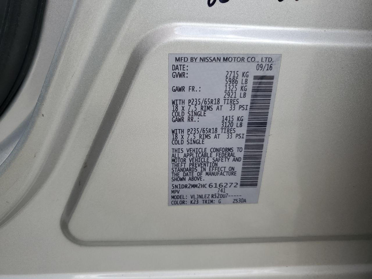 2017 Nissan Pathfinder S VIN: 5N1DR2MM2HC616272 Lot: 92510185