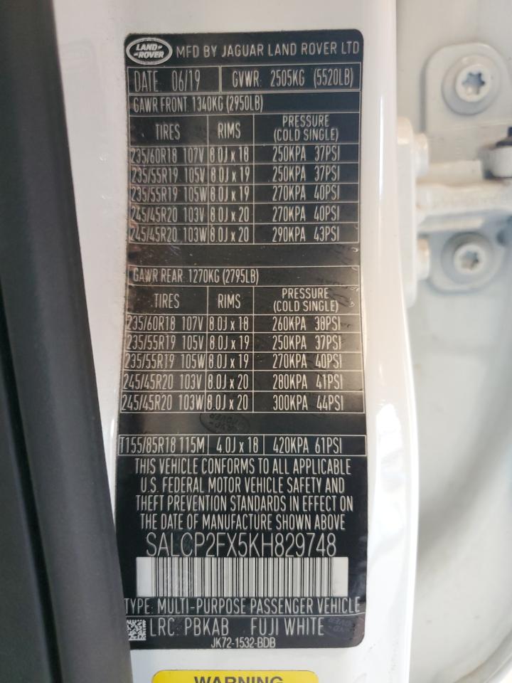 2019 Land Rover Discovery Sport Se VIN: SALCP2FX5KH829748 Lot: 91695595