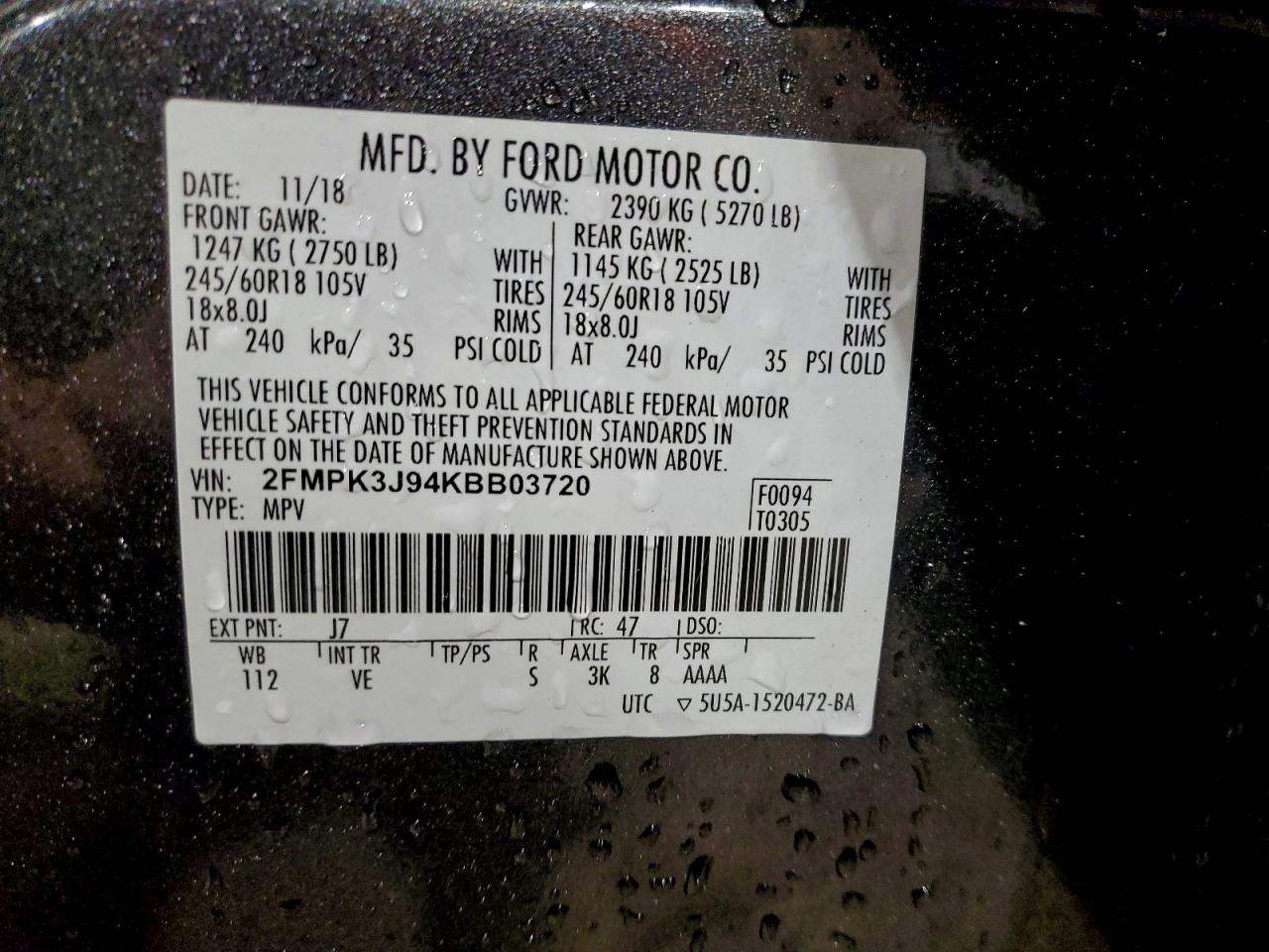 2019 Ford Edge Sel VIN: 2FMPK3J94KBB03720 Lot: 93340215