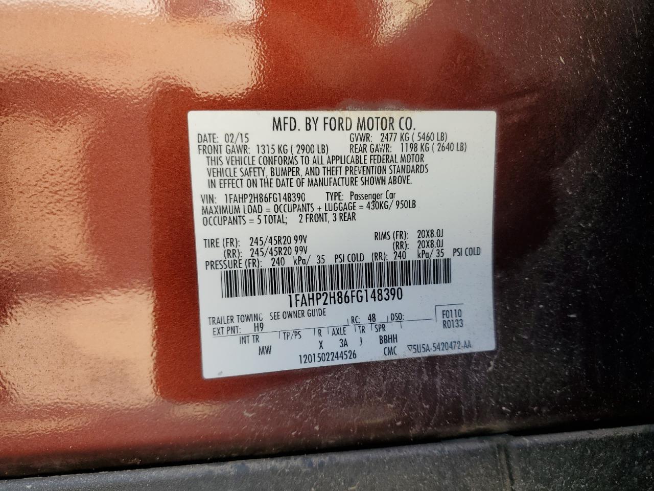 2015 Ford Taurus Sel VIN: 1FAHP2H86FG148390 Lot: 92480555