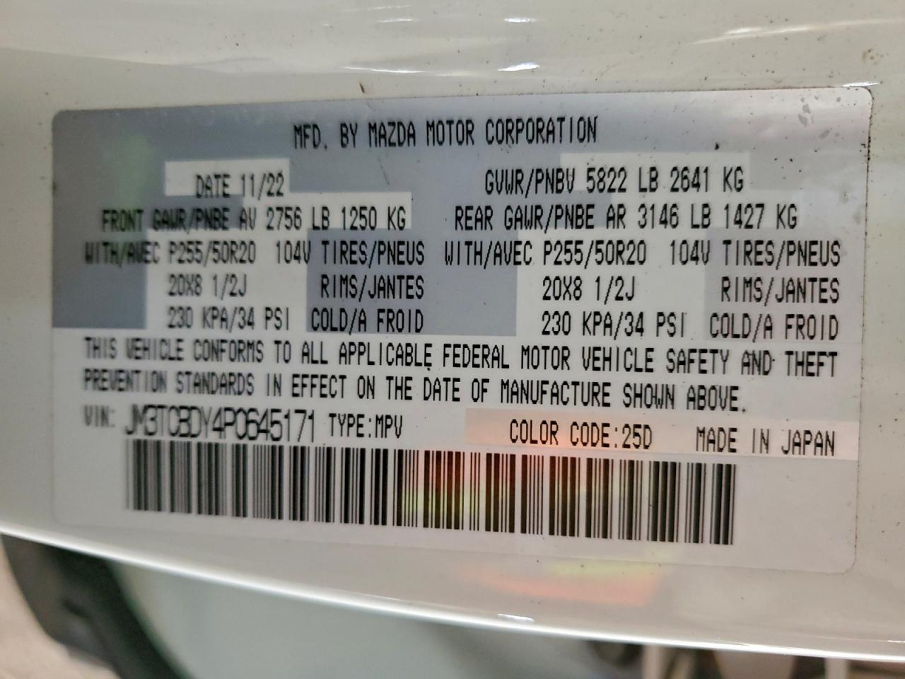 2023 Mazda Cx-9 Grand Touring VIN: JM3TCBDY4P0645171 Lot: 90103775