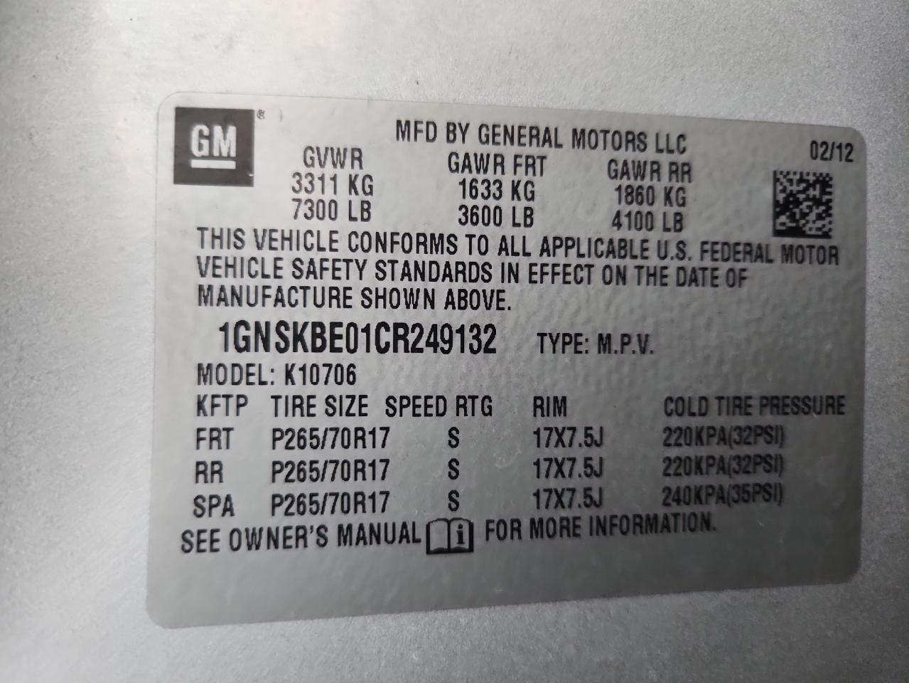 2012 Chevrolet Tahoe K1500 Lt VIN: 1GNSKBE01CR249132 Lot: 93136605