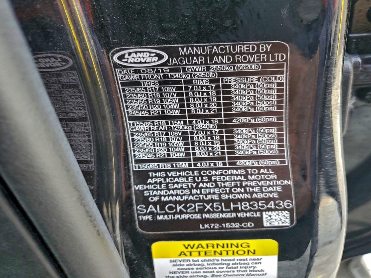 2020 Land Rover Discovery Sport VIN: SALCK2FX5LH835436 Lot: 93482545