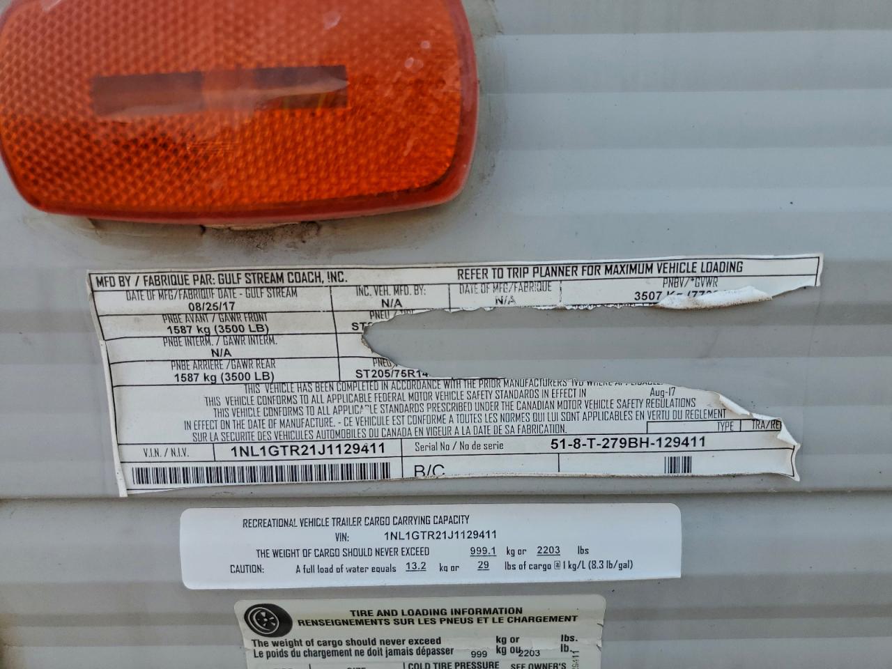 2018 Gulf Stream Trailer VIN: 1NL1GTR21J1129411 Lot: 92990455