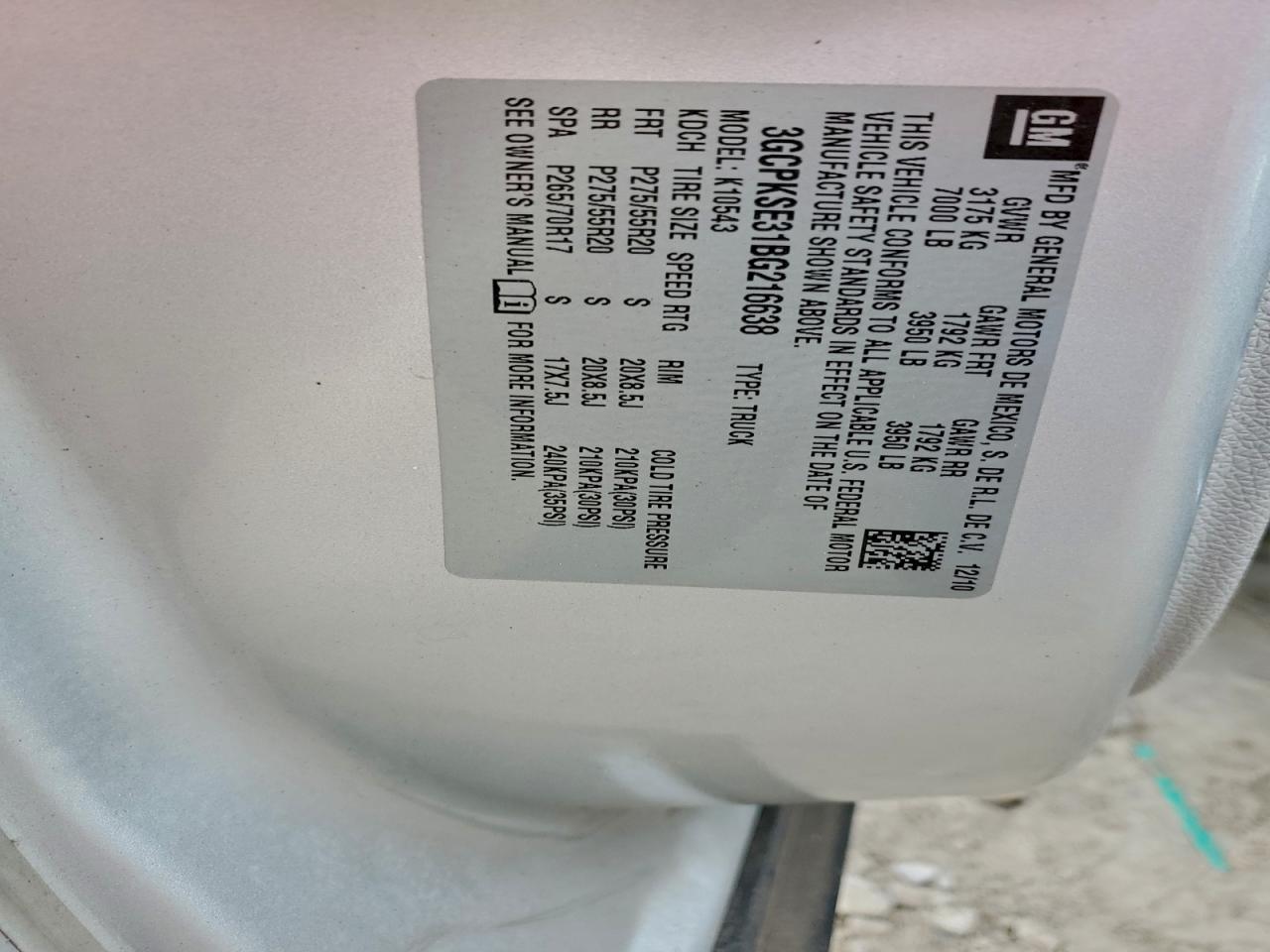 2011 Chevrolet Silverado K1500 Lt VIN: 3GCPKSE31BG216638 Lot: 94176875