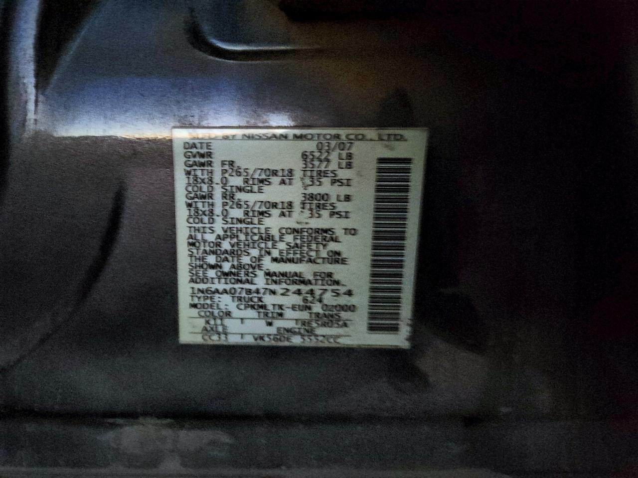 2007 Nissan Titan Xe VIN: 1N6AA07B47N244754 Lot: 93175515