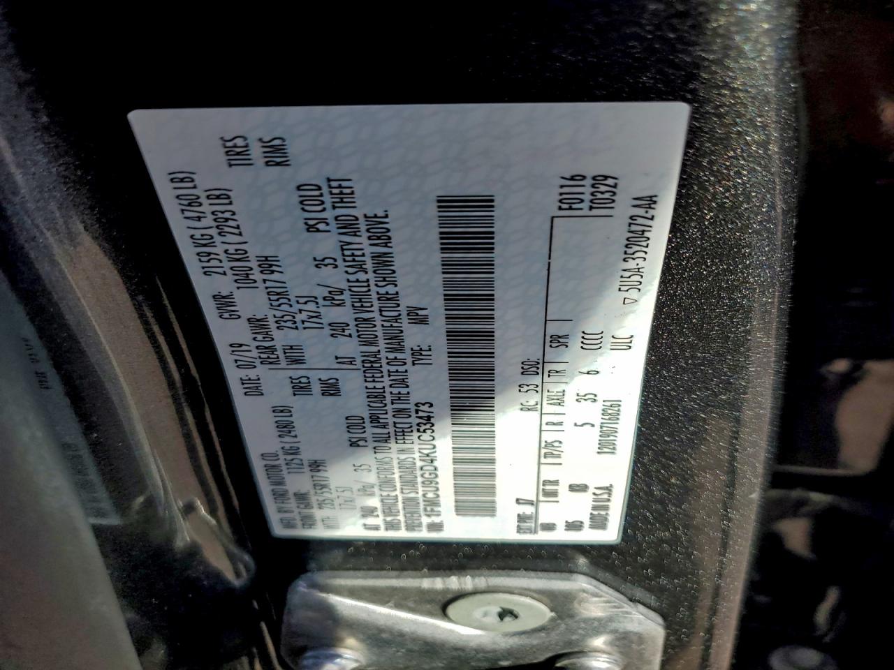 2019 Ford Escape Se VIN: 1FMCU9GD4KUC53473 Lot: 94394975