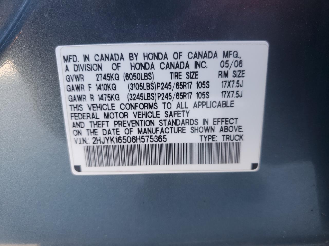 2006 Honda Ridgeline Rtl VIN: 2HJYK16506H575365 Lot: 90984065