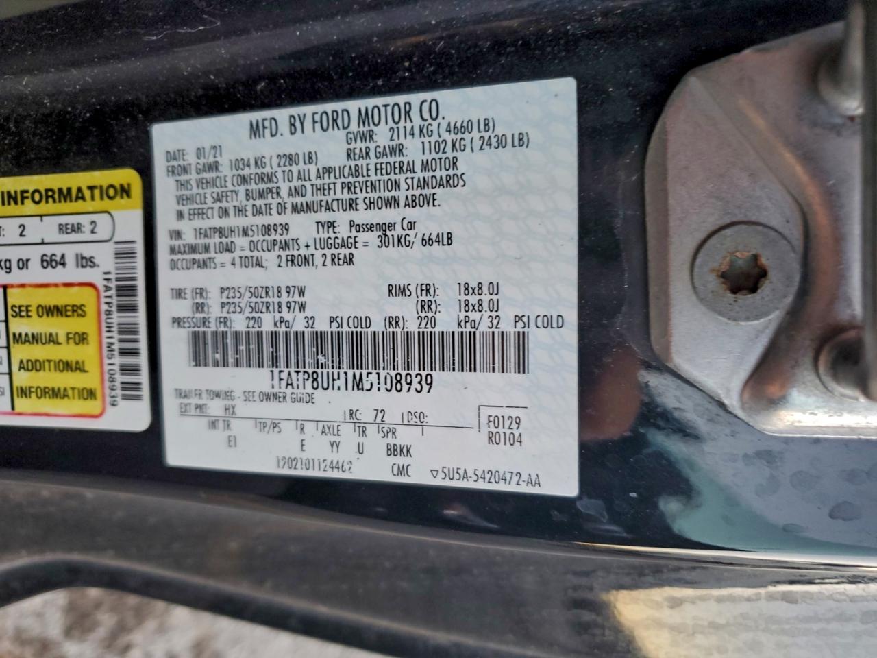 2021 Ford Mustang VIN: 1FATP8UH1M5108939 Lot: 94268955