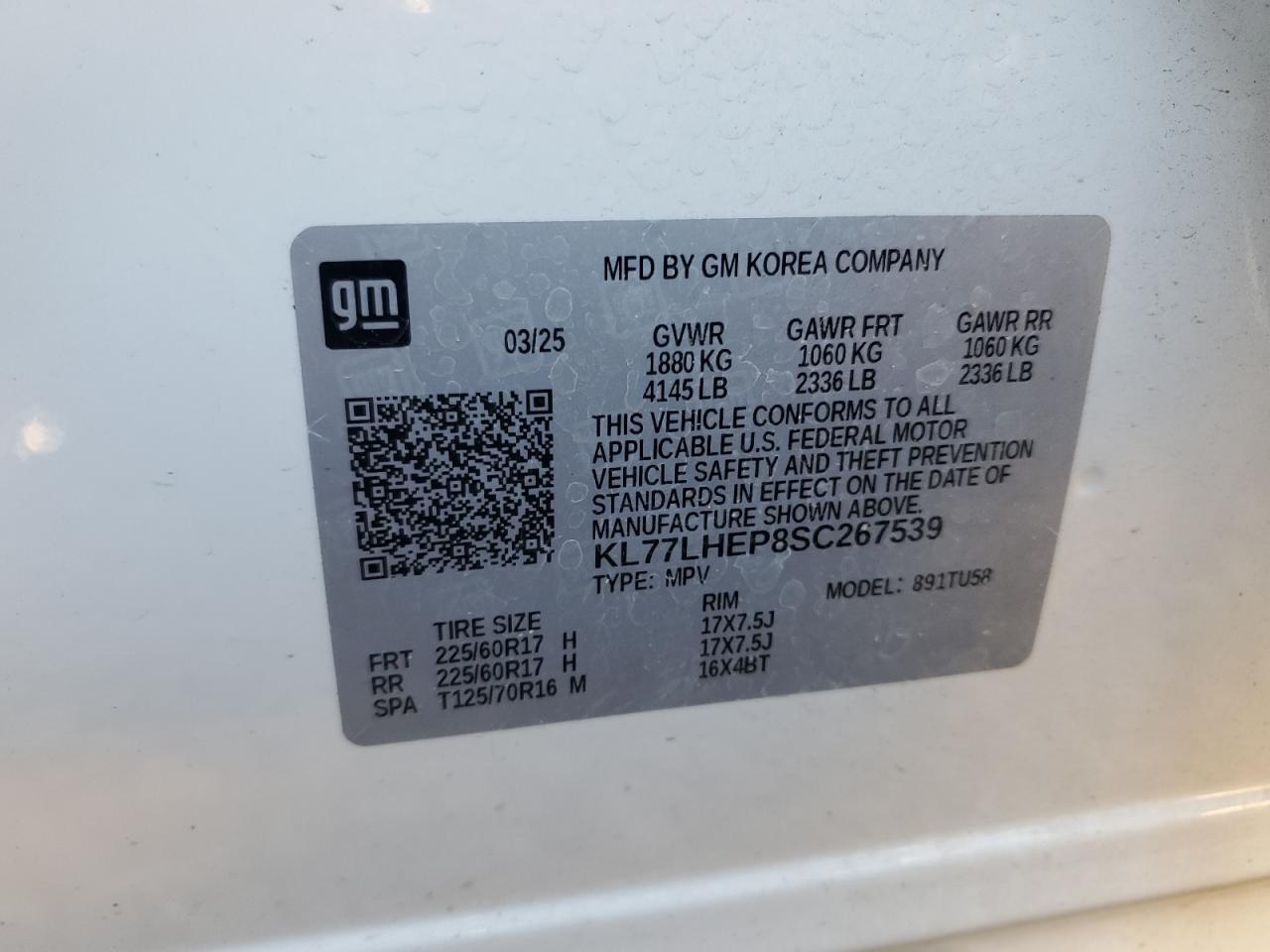 2025 Chevrolet Trax 1Lt VIN: KL77LHEP8SC267539 Lot: 85410315