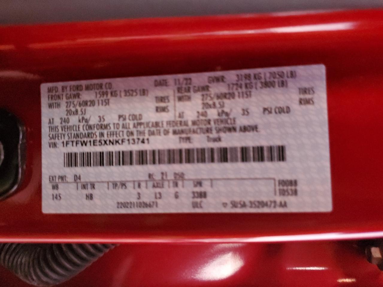 2022 Ford F150 Supercrew VIN: 1FTFW1E5XNKF13741 Lot: 93708085