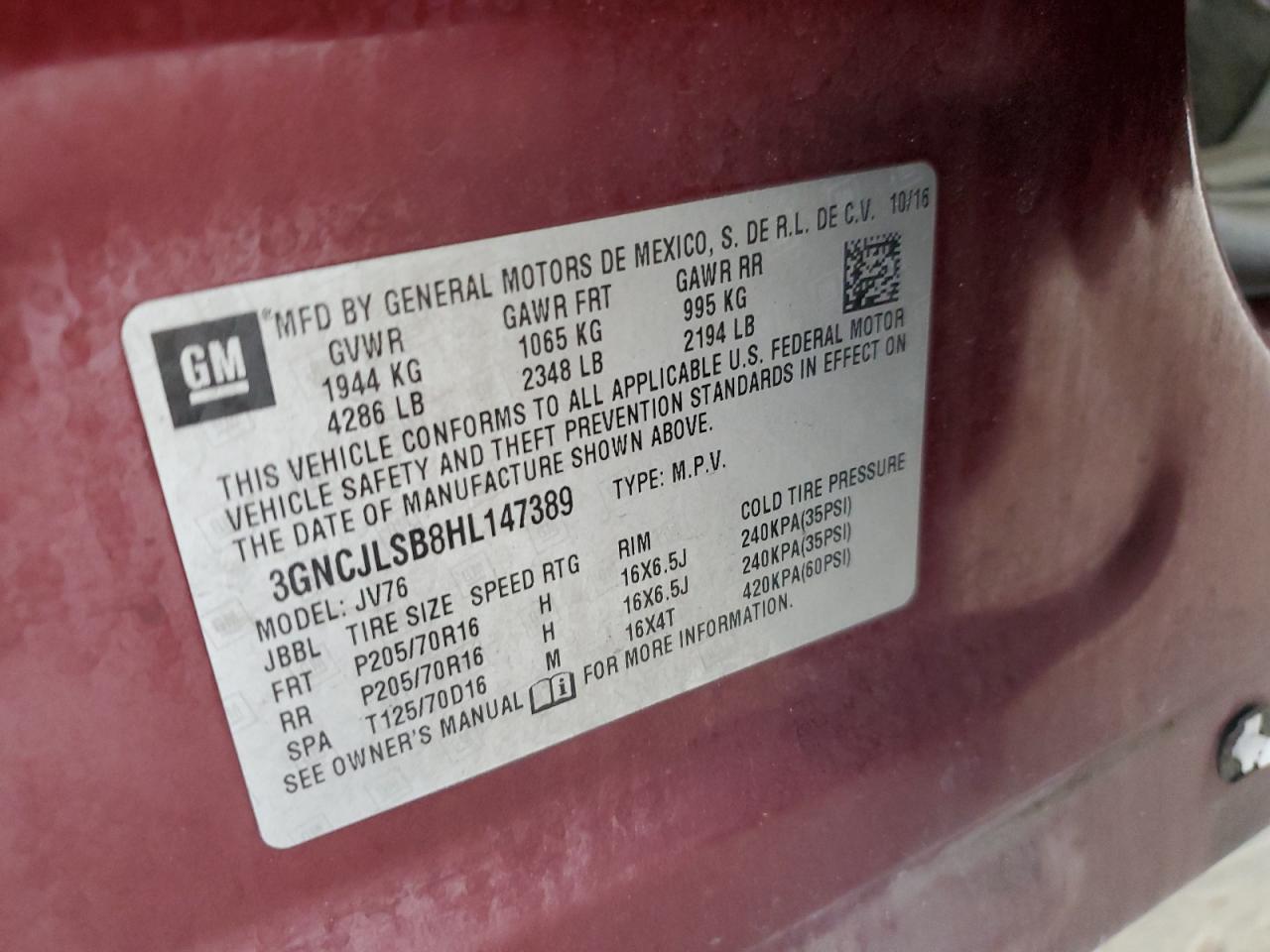 2017 Chevrolet Trax 1Lt VIN: 3GNCJLSB8HL147389 Lot: 92466345