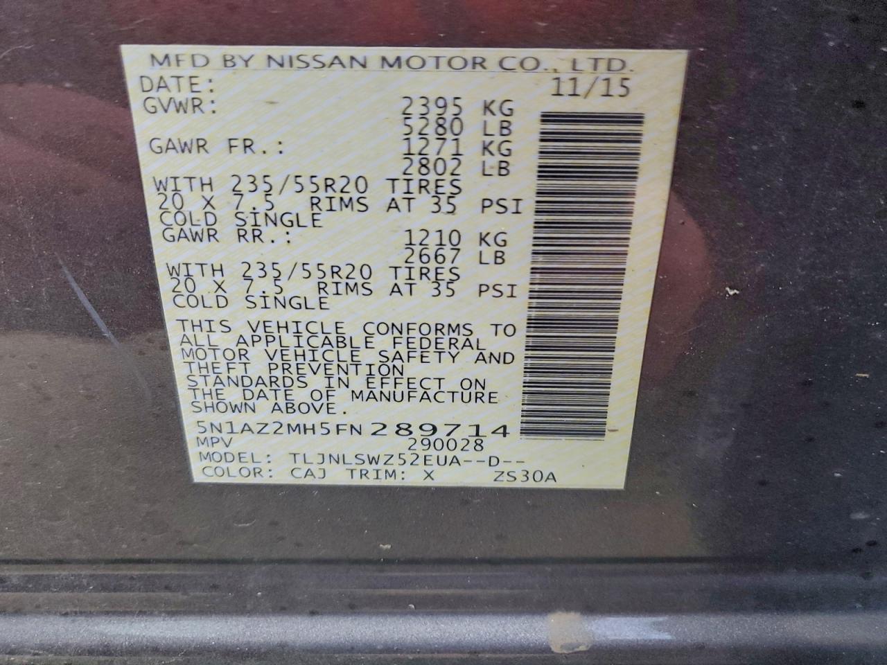 2015 Nissan Murano S VIN: 5N1AZ2MH5FN289714 Lot: 94285505