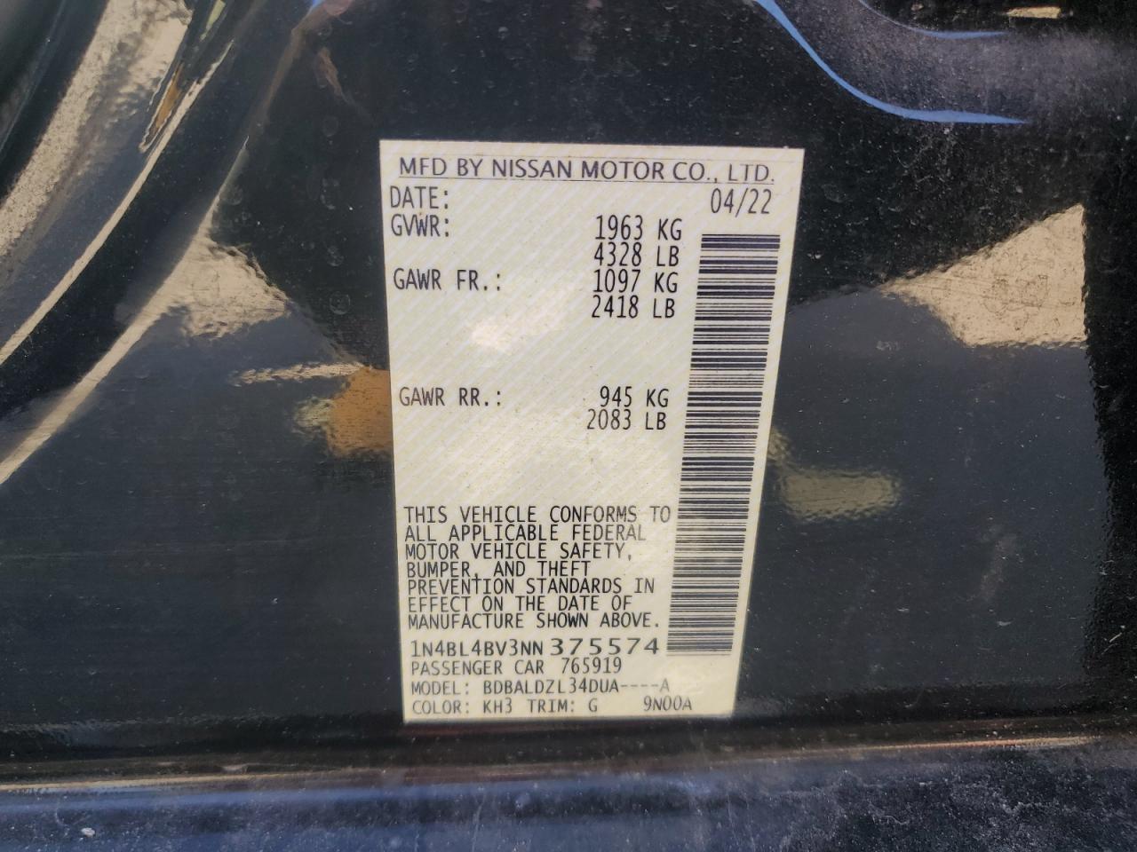 2022 Nissan Altima S VIN: 1N4BL4BV3NN375574 Lot: 91389485