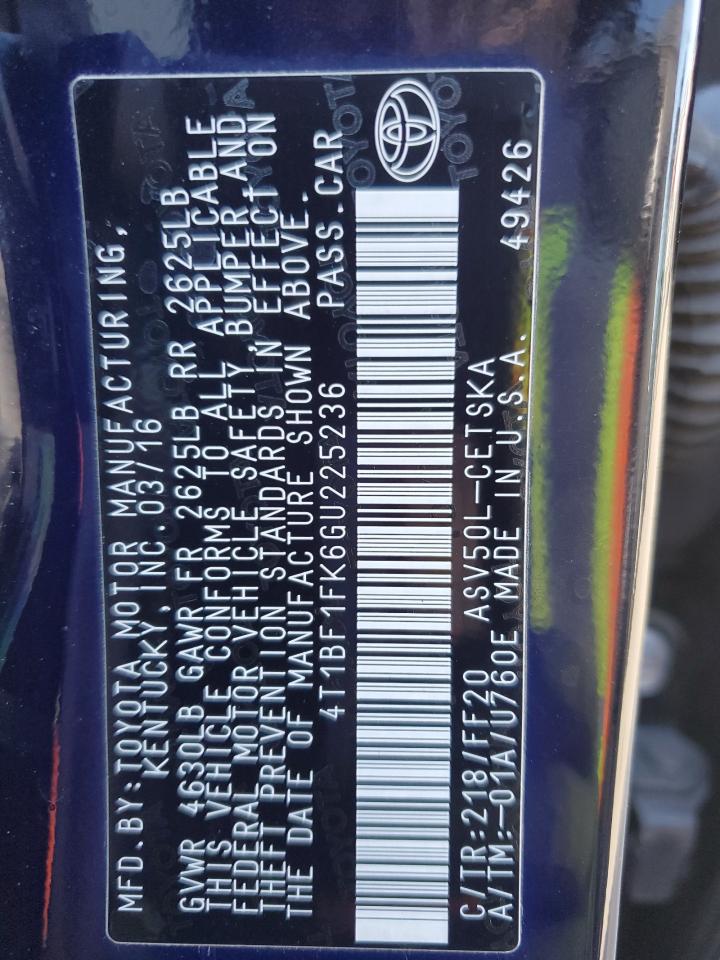 2016 Toyota Camry Le VIN: 4T1BF1FK6GU225236 Lot: 91667895