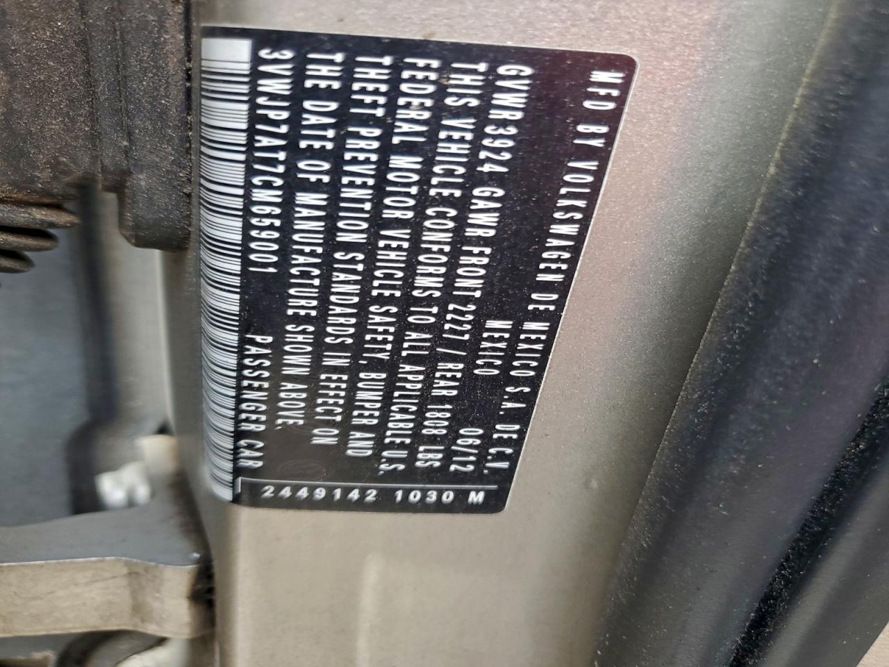 2012 Volkswagen Beetle VIN: 3VWJP7AT7CM659001 Lot: 93783455