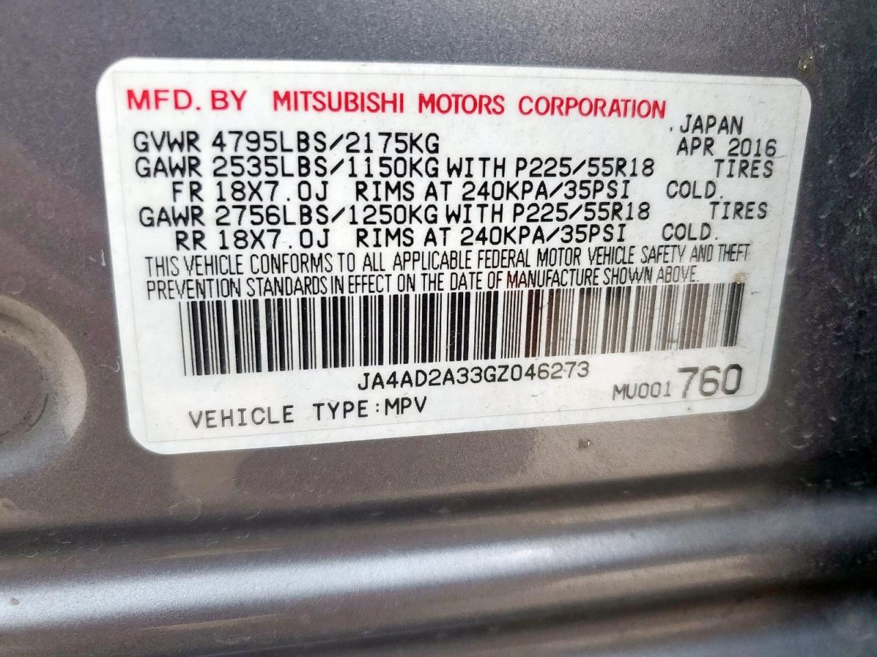 2016 Mitsubishi Outlander Es VIN: JA4AD2A33GZ046273 Lot: 93855735