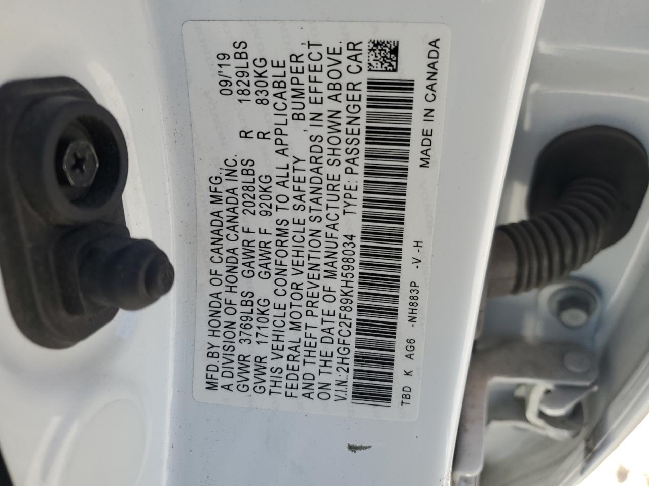 2019 Honda Civic Sport VIN: 2HGFC2F89KH598034 Lot: 91725905