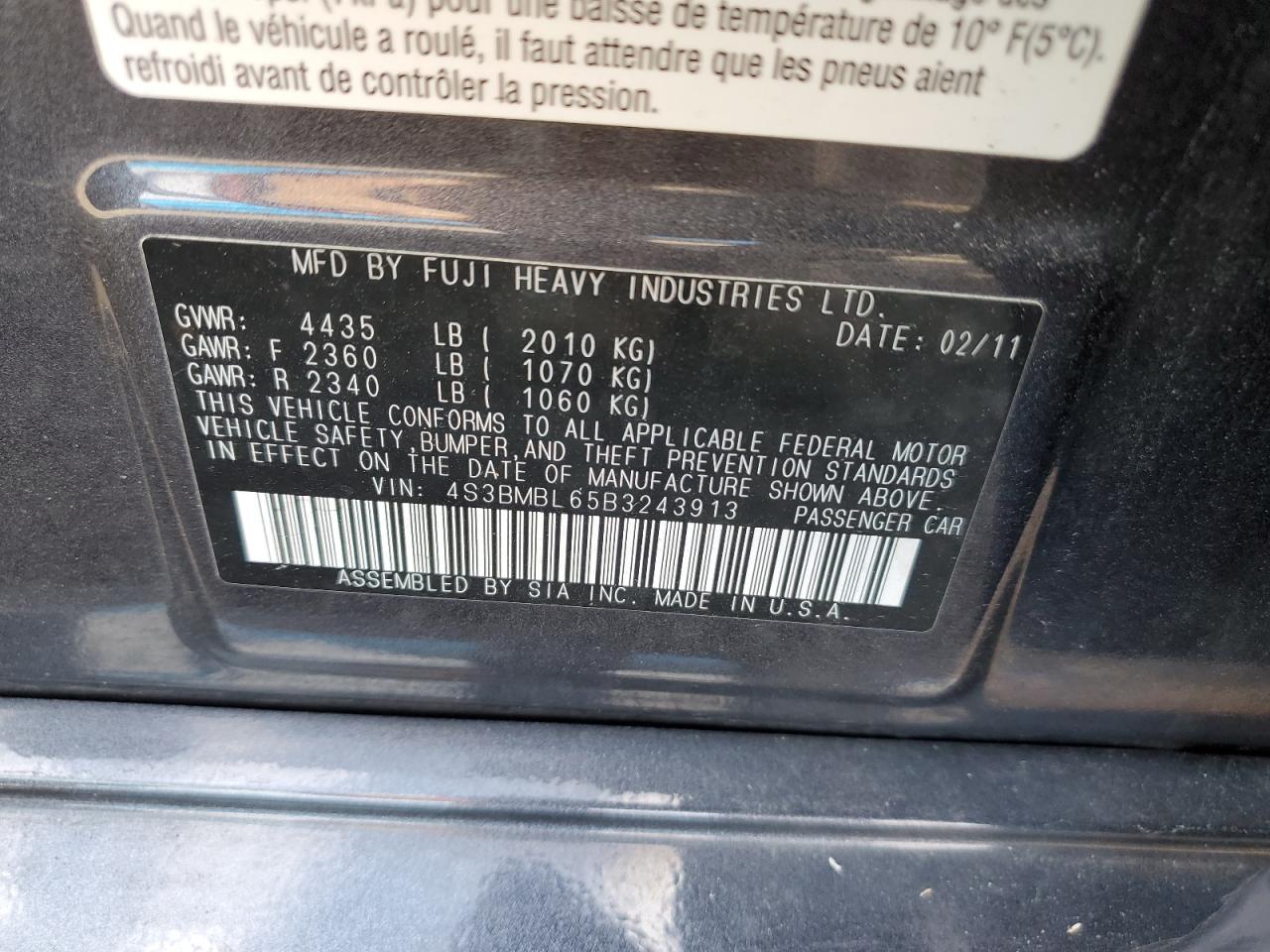 2011 Subaru Legacy 2.5I Limited VIN: 4S3BMBL65B3243913 Lot: 93514785