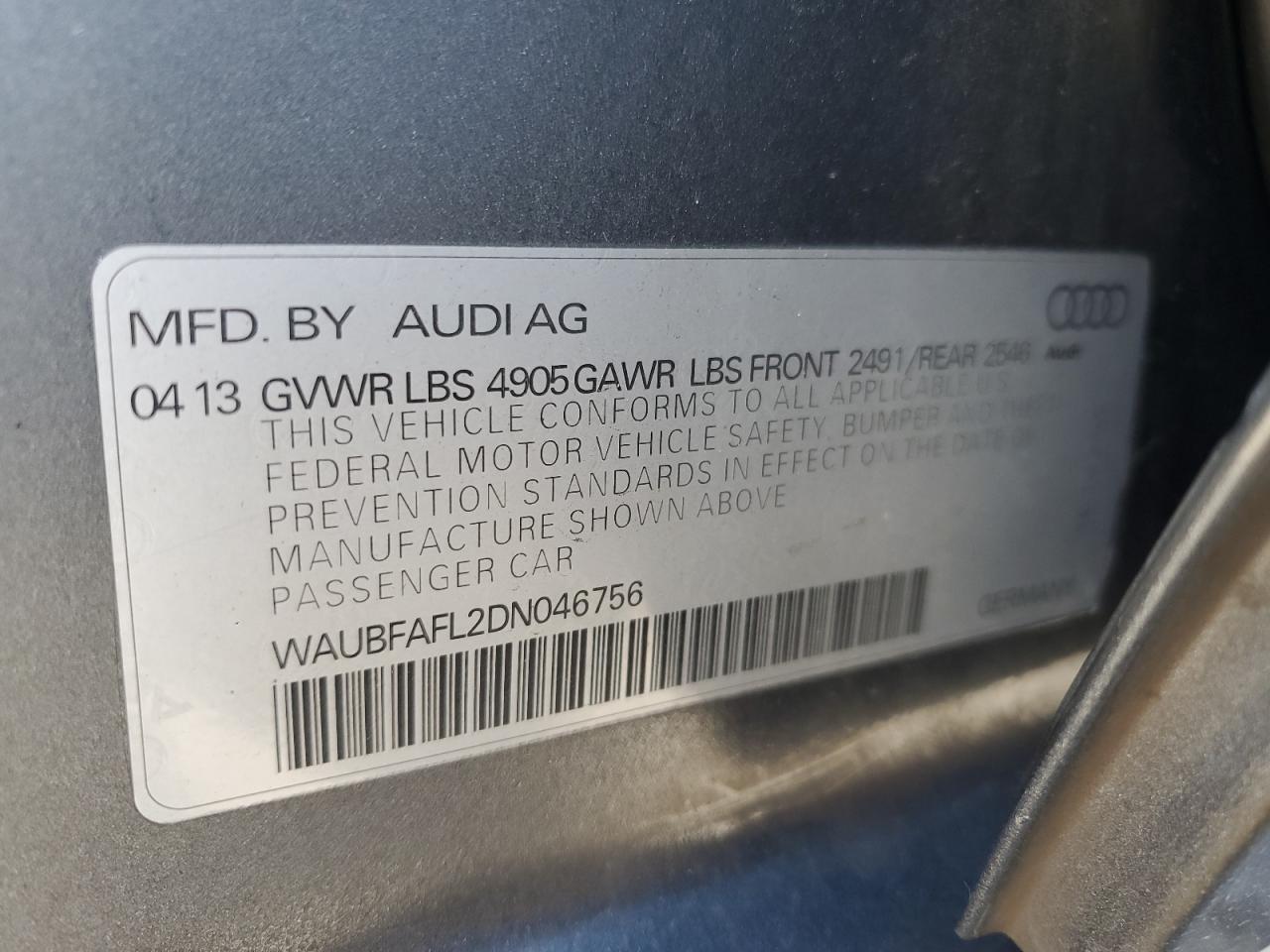 2013 Audi A4 Premium VIN: WAUBFAFL2DN046756 Lot: 91824685