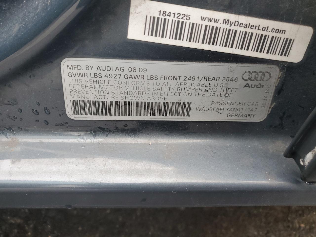 2010 Audi A4 Premium VIN: WAUBFAFL3AN017147 Lot: 92208055