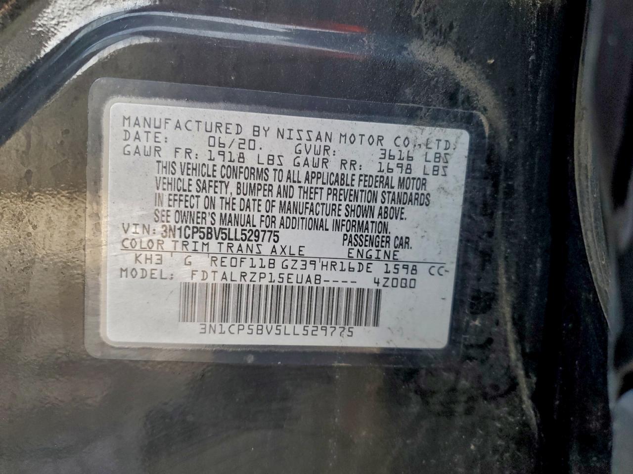 2020 Nissan Kicks S VIN: 3N1CP5BV5LL529775 Lot: 93963585