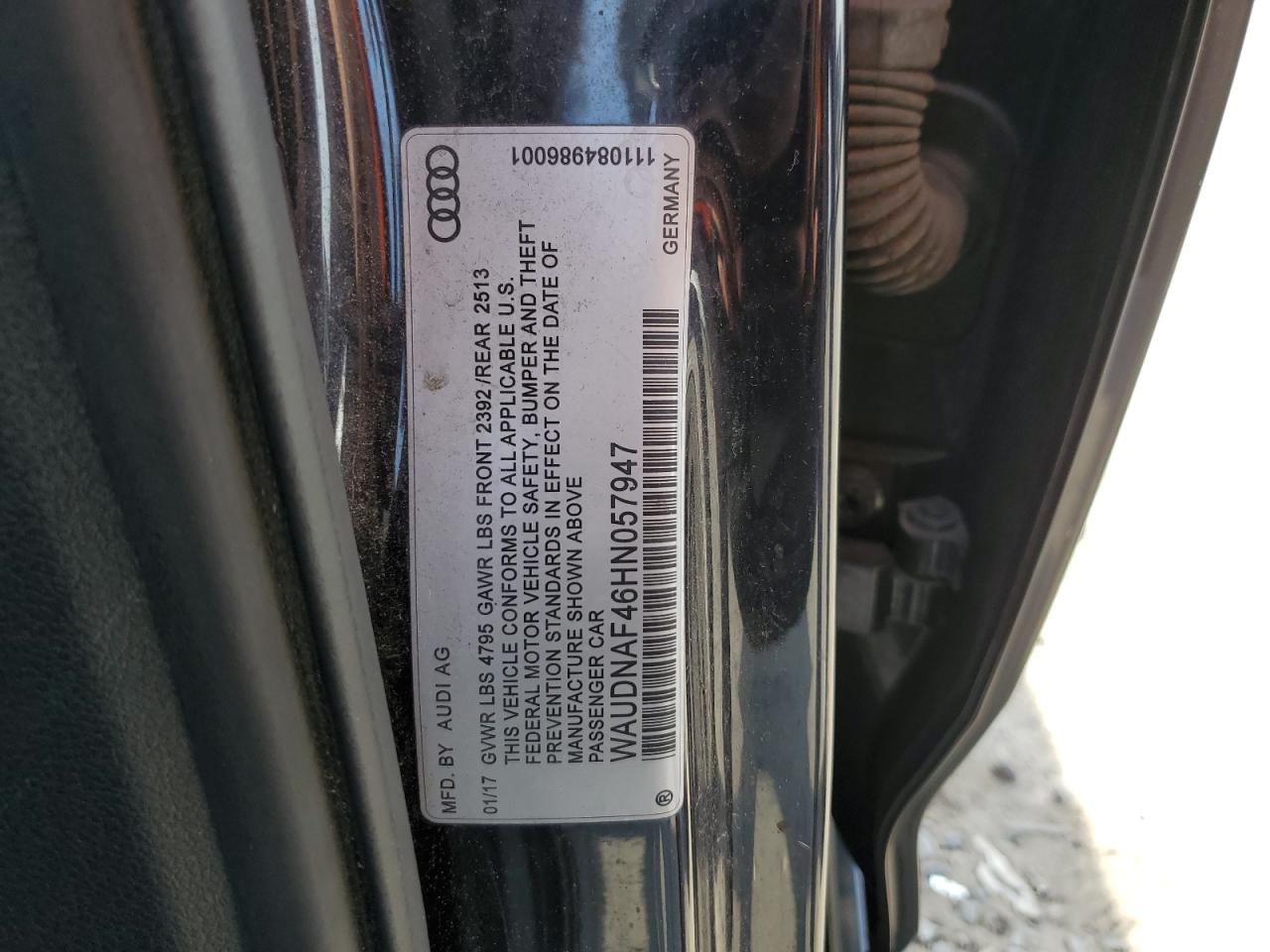 2017 Audi A4 Premium VIN: WAUDNAF46HN057947 Lot: 91987195