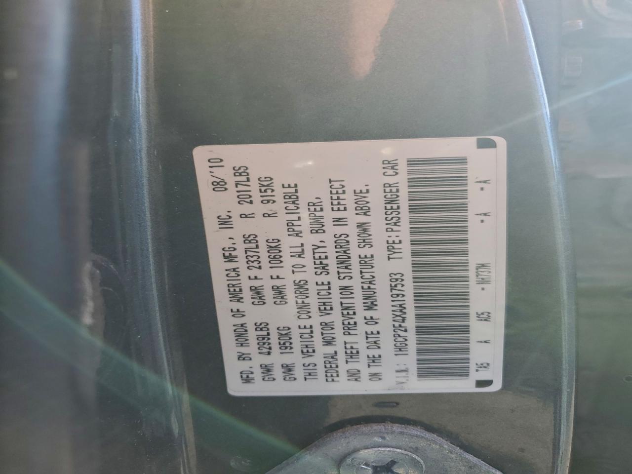 2010 Honda Accord Lxp VIN: 1HGCP2F4XAA197593 Lot: 94090535