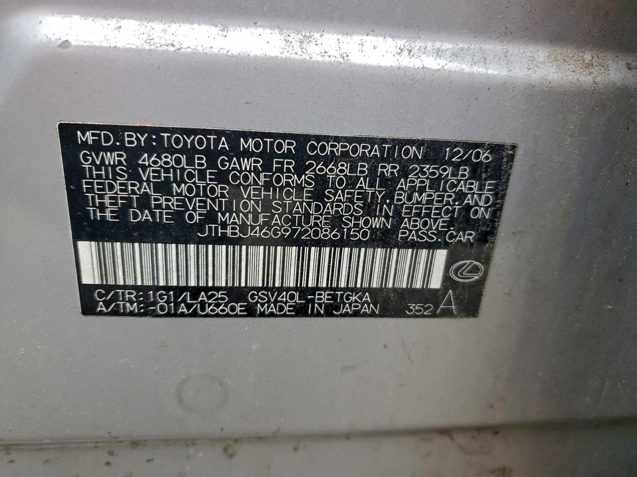 2007 Lexus Es 350 VIN: JTHBJ46G972086150 Lot: 94066245