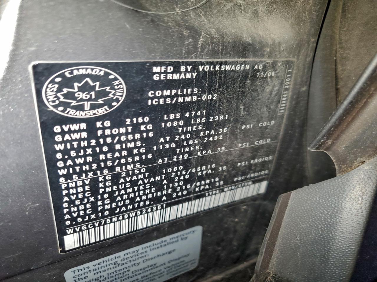 2009 Volkswagen Tiguan S VIN: WVGCV75N49W524351 Lot: 94040105