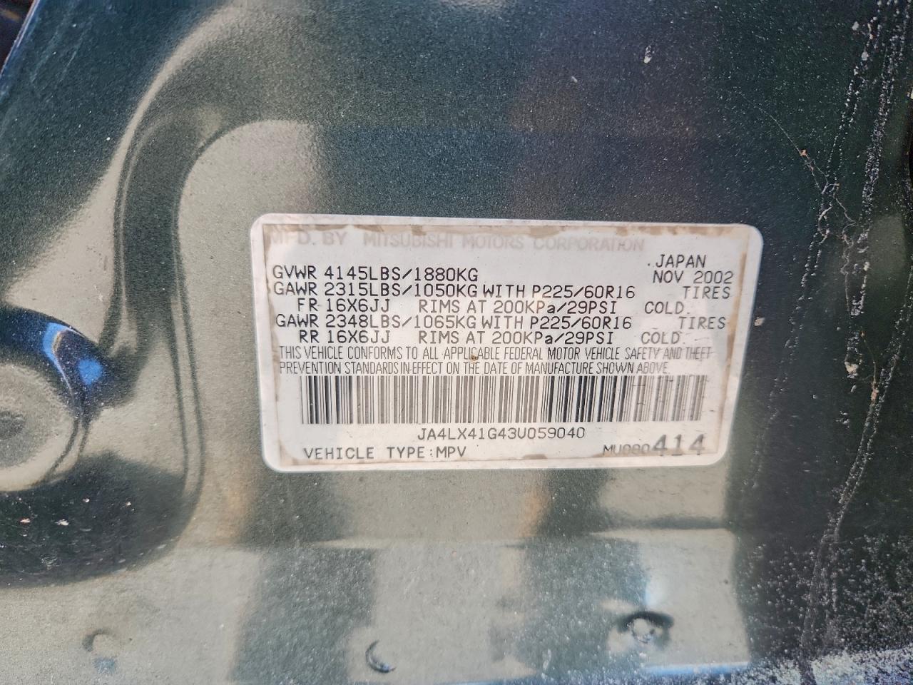 2003 Mitsubishi Outlander Xls VIN: JA4LX41G43U059040 Lot: 93758025