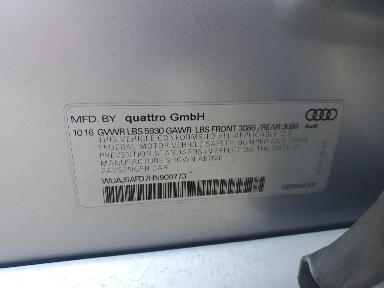 2017 Audi S8 Plus Quattro VIN: WUAJ5AFD7HN900773 Lot: 90678875