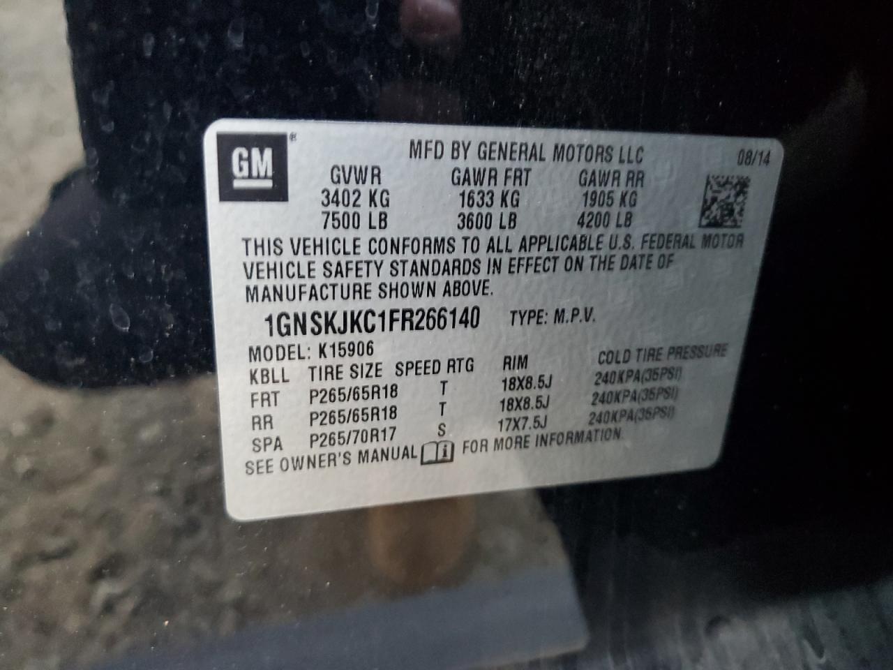 2015 Chevrolet Suburban K1500 Lt VIN: 1GNSKJKC1FR266140 Lot: 93048115