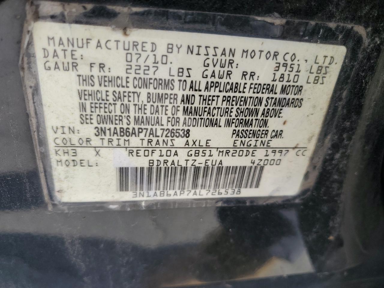 2010 Nissan Sentra 2.0 VIN: 3N1AB6AP7AL726538 Lot: 93216495