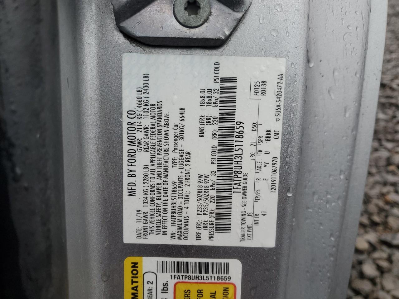 2020 Ford Mustang VIN: 1FATP8UH3L5118659 Lot: 91722975