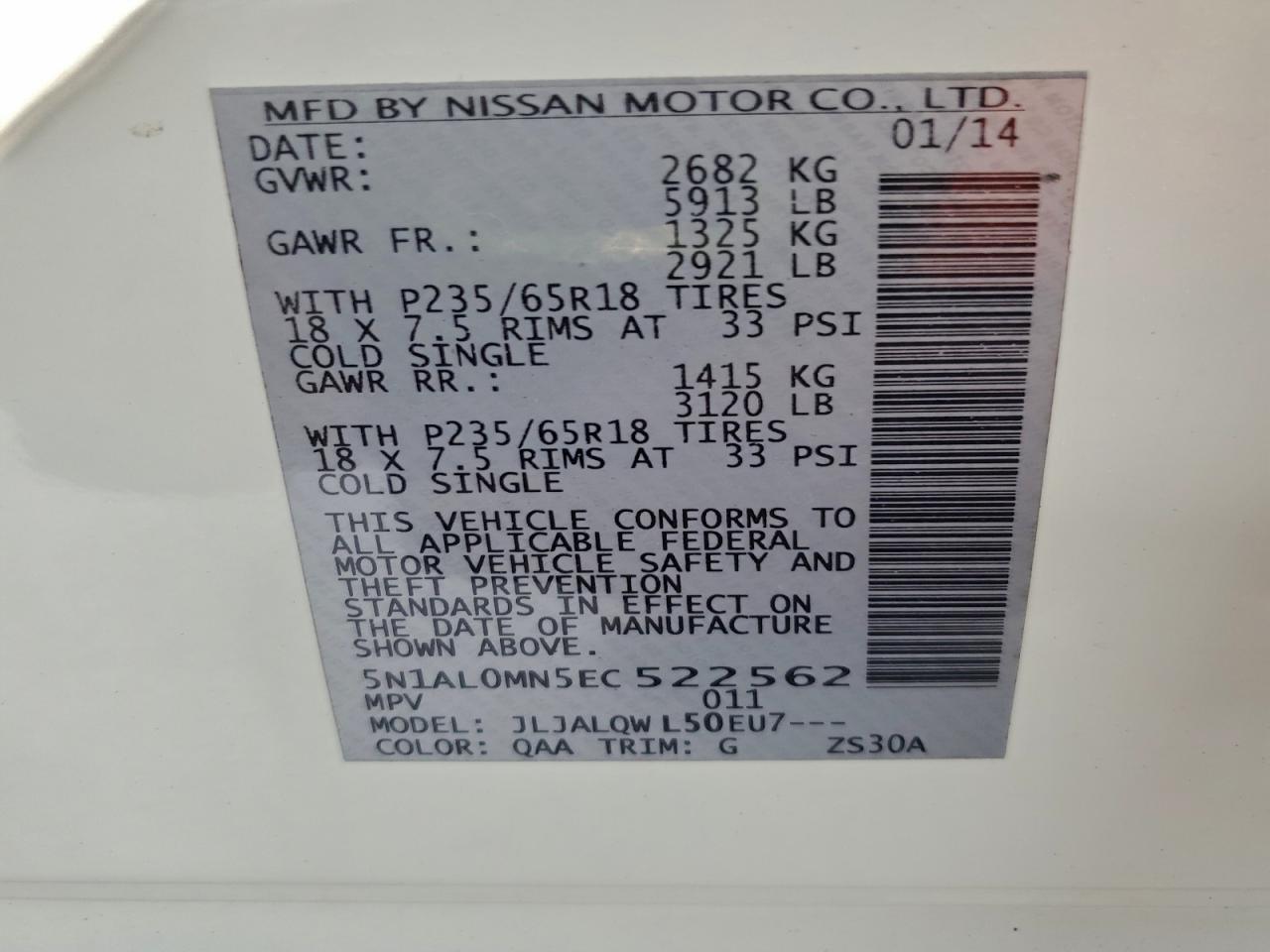 2014 Infiniti Qx60 VIN: 5N1AL0MN5EC522562 Lot: 93344865