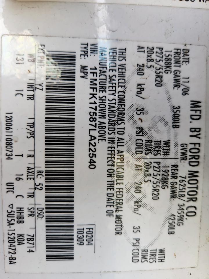 2007 Ford Expedition El Eddie Bauer VIN: 1FMFK17587LA22540 Lot: 93045135