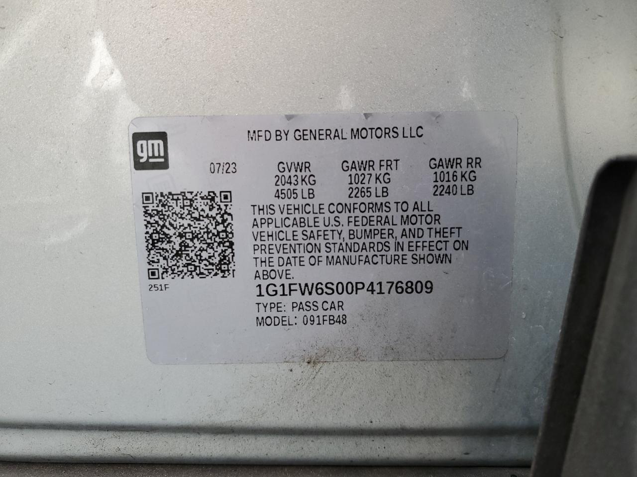 2023 Chevrolet Bolt Ev 1Lt VIN: 1G1FW6S00P4176809 Lot: 93317055