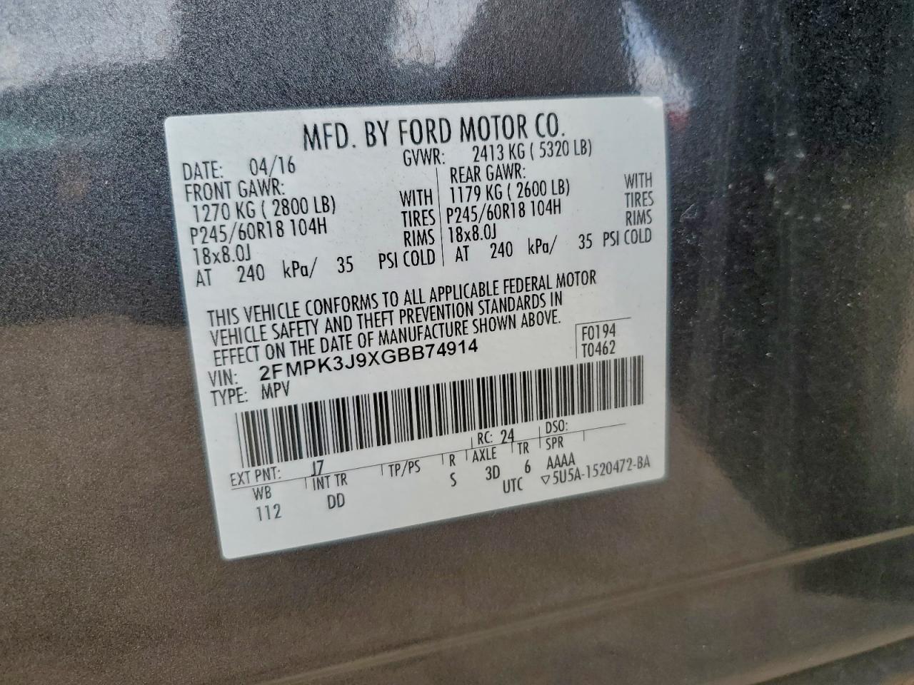 2016 Ford Edge Sel VIN: 2FMPK3J9XGBB74914 Lot: 94062475