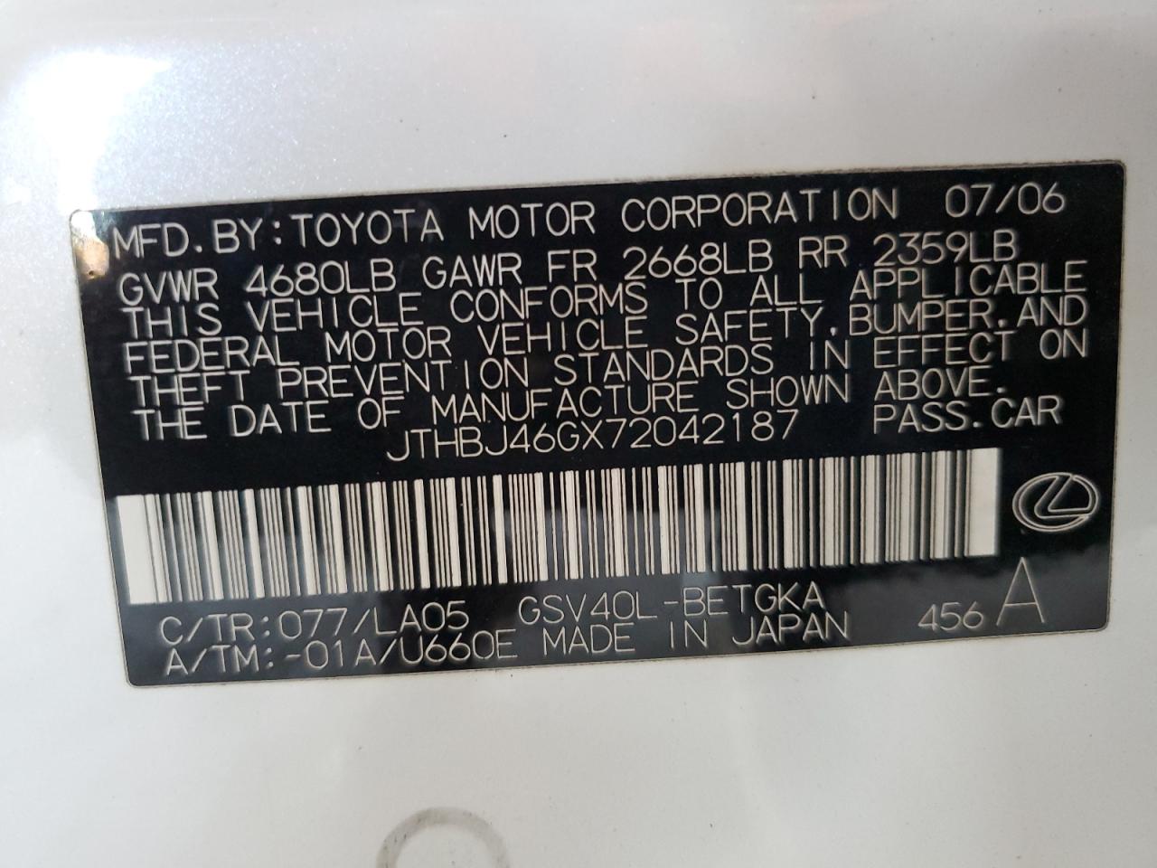 2007 Lexus Es 350 VIN: JTHBJ46GX72042187 Lot: 91663695